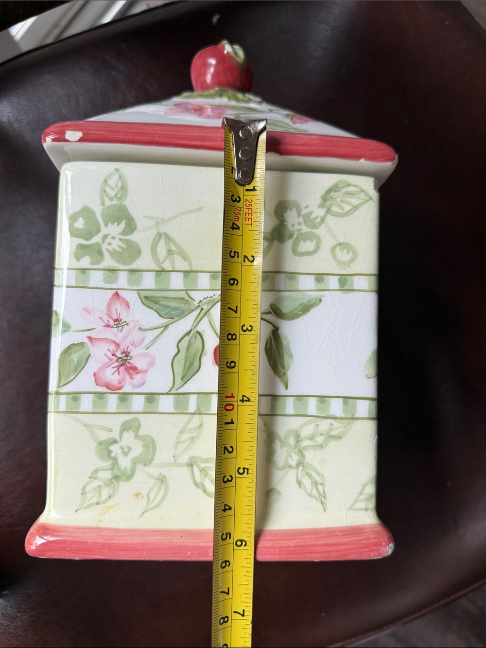 Botanical Ceramic Canister with Red Accent and Apple Finial - Picture 12 of 12